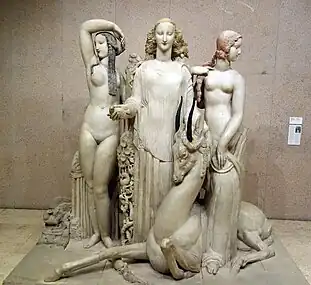 Hommage à Jean Goujon; by Alfred Janniot; 1919–1924; limestone partially coloured; 220 x 235 x 129 cm; Calouste Gulbenkian Museum, Lisboa, Portugal