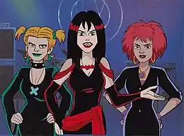 Pictured from left to right (Jane Wiedlin),  (Jennifer Hale), and (Kimberly Brooks) in animated form.