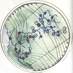A watercolor map of a winding River leading to the Pacific Ocean, overlaid with various symbols.