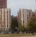 The Lenru apartment in the Norwood neighbourhood of the Bronx in New York City seen from the Williamsbridge Oval Park.