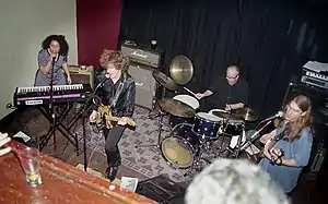 The Loud Family performing at Hotel Utah, San Francisco, about 1999. Left to right: Alison Faith Levy, Scott Miller, Gil Ray, Kenny Kessel. (Photo: Robert Toren.)