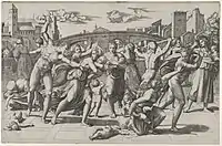 The Massacre of the Innocents, engraving by Marcantonio Raimondi from a design by Raphael. First state, "without fir tree"