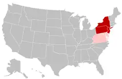 U.S. states always considered Mid-Atlantic states are indicated in dark red; states sometimes considered Mid-Atlantic are indicated in pink.