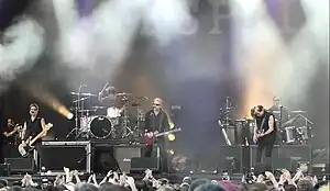 The Offspring performing in 2023.From left to right: Todd Morse, Brandon Pertzborn, Dexter Holland, Noodles and Jonah Nimoy.