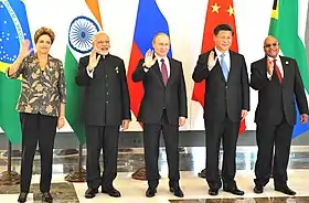 Image 137BRICS, a supranational economic cooperative comprising five major emerging national economies—Brazil, Russia, India, China and South Africa—grew to represent over 3.1 billion people, or about 41 percent of the world population by 2015. (from 2010s)