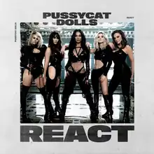 Against a metal and glass industrial backdrop, the Pussycat Dolls stand facing the camera. From left to right, members Kimberly, Jessica, Nicole, Ashley and Carmit pose in black latex and sheer outfits facing the camera. The image is surrounded by a thick off-white boarder.