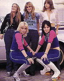 The Runaways in 1976 (clockwise from top left): Lita Ford, Sandy West, Jackie Fox, Joan Jett, Cherie Currie