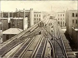A fuzzy sepia image of four elevated rail tracks, with a diamond interchange in the middle of the two and a retreating train in the distance. Three-story Italianate buildings surround the tracks on either side.