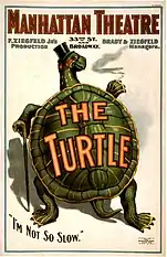Painting of a turtle standing on hind legs, with top hat and cane, on theatre poster