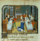 Manuscript illustration of Eris at the wedding of Peleus and Thetis from Jean Miélot's L'Epître d'Othéa c. 1460