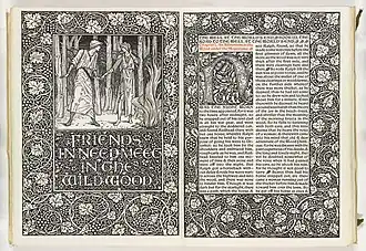 A double-page spread in archaic style in William Morris's 1896 novel The Well at the World's End, illustrated with woodcuts on vellum by his friend Edward Burne-Jones
