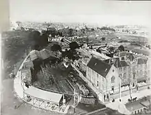 Sydney's first Tramways depot, corner of Pitt Street and what was then Gipps St West and Garden Road, looking SE across the Old Cemeteries towards Surry Hills. Eddy Avenue roughly follows Garden Road, c. 1880.