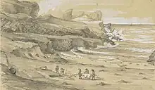 Drawing of men carrying bodies to a grave near the sea, high cliffs in the background