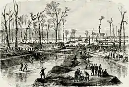 Black and white drawing of soldiers constructing a canal in a woody and swampy area
