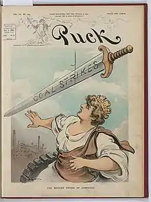 A scene from Keppler's Puck shows Damocles in a crown labeled "industry" standing beneath a sword labeled "coal strikes"