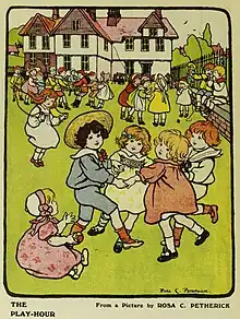 Drawing of a large number of children at all sorts of play outside what is presumably a school.