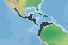 Distribution range of C. acutus (green = terrestrial range; horizontal lines = marine range).