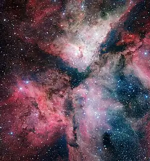 Overview of the Carina Nebula. The Keyhole is superimposed on the bright area above center, and Eta Carinae is the bright star just to its left.