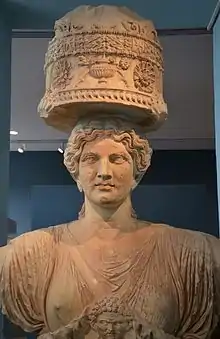 The upper part of one of the caryatids that flanked the Lesser Propylaea of the sanctuary of Demeter and Kore at Eleusis.