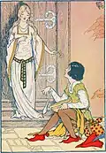 A young woman stands in front of a doorway, holding her right hand to her chest while her left hand holds a rose; she looks down at a sitting young boy who gapes at her. The boy has dropped a spoon from his hand and is holding a bowl that is tipping over in his lap.