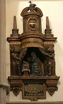 Thelwall's mural monument in the chapel at Jesus College, Oxford (1630).