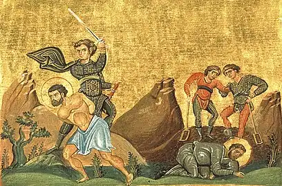 Martyrdom of Theopemptus, Bishop of Nicomedia and Theonas, former sorcerer (Menologion of Basil II, 10th century)