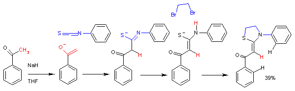 The reaction of acetophenone enolate with phenyl isothiocyanate. In this one-pot synthesis the ultimate reaction product is a Thiazolidine. This reaction is stereoselective with the formation of the Z-isomer only.