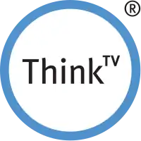 A white circle with a thick sky blue outline. Inside the circle are the words "Think TV", with the TV stylized in superscript. A registered trademark symbol exists outside the circle in the upper right corner.