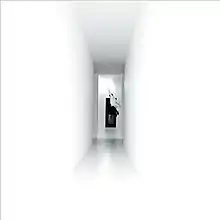 A photo of a man jumping out of a window in a white hallway