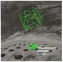 A box drawn from a series of green lines against a grey background. Light green bold text to the bottom right reads "Thom Yorke"; white bold text beside it reads "Tomorrow's Modern Boxes".