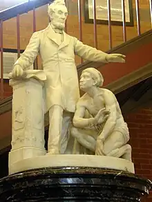 This smaller version of the Emancipation Memorial rests in the Methuen City Hall atrium.