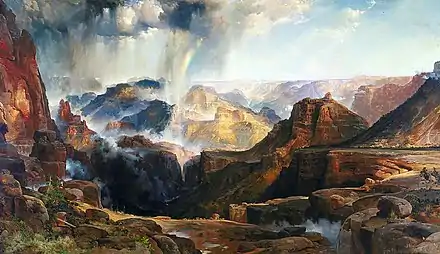 Dox Castle is centered in bullseye of this famous painting by Thomas Moran."Chasm of the Colorado" (1873–74), a large canvas measuring 7 feet high by 12 feet wide, hung prominently in the US Capitol for over a half-century.