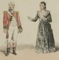 Man in British army officer's uniform of early 19th century alongside woman in smart costume of the same period