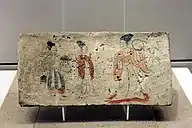 Brick painting of two women wearing ruqun and a female attendant wearing a jacket with skirt, Three Kingdoms period.