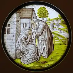 Tobit comforts Anna, stained glass roundel, southern Netherlands, c. 1500