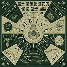 A Ouija board-esque image with the band's name and album title surrounded by various depictions of animals and a heart, and several phrases