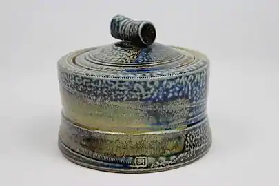 Thrown, salt glazed lidded box by Jane Hamlyn