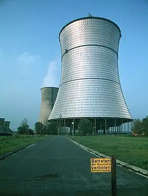 The THTR-300 cooling tower for the now decommissioned thorium nuclear reactor in Hamm-Uentrop, Germany, 1983.