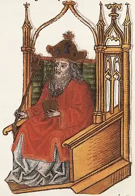 Chronica Hungarorum, Thuróczy chronicle, King Géza II of Hungary, throne, crown, orb, scepter, medieval, Hungarian chronicle, book, illustration, history