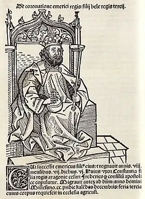 Chronica Hungarorum, Thuróczy chronicle, King Emeric of Hungary, throne, crown, orb, scepter, medieval, Hungarian chronicle, book, illustration, history