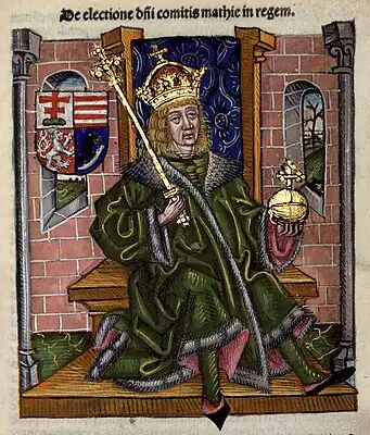 Chronica Hungarorum, Thuróczy chronicle, King Matthias Corvinus of Hungary, King Matthias Hunyadi, throne, crown, orb, scepter, double cross, Árpád stripes, Hungarian coat of arms, Hunyadi coat of arms, medieval, Hungarian chronicle, book, illustration, history