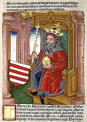 Chronica Hungarorum, Thuróczy chronicle, King Otto of Hungary, throne, crown, orb, scepter, Árpád stripes, Hungarian coat of arms, medieval, Hungarian chronicle, book, illustration, history