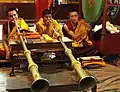 Tibetan Buddhist monks blowing the long horns, and drumming, Tharlam Monastery, closing ceremonies.