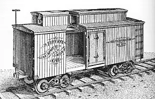 This engraving of Tiffany's original "Summer and Winter Car" appeared in the Railroad Gazette just before Joel Tiffany received his refrigerator car patent in July, 1877. Tiffany's design mounted the ice tank in a clerestory atop the car's roof, and relied on a train's motion to circulate cool air throughout the cargo space