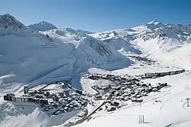 Tignes Le Lac taken from the Aiguille Pierce mountain, with views of Val Claret in the background