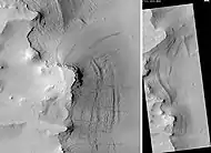 Streaks on side of pedestal crater in Tikhonravov, as seen by HiRISE. Scale bar is 500 meters long. Click on image to see close-up of the crater edge.