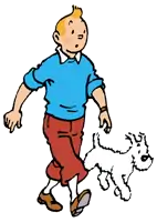 A cartoon drawing of a young man and his white dog walking against clear background.