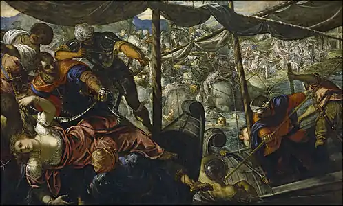 The Rape of Helen by Tintoretto (1578–1579, Museo del Prado, Madrid); Helen languishes in the corner of a land-sea battle scene.
