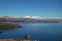 The Cordillera Real as seen from Lake Titicaca with Chearoco and Chachacomani in the center.