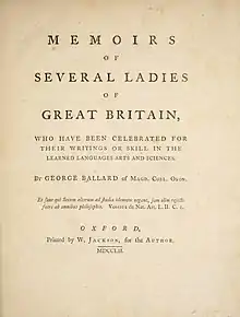 Title page of George Ballard's Memoirs of several ladies of Great Britain (Oxford, 1752)